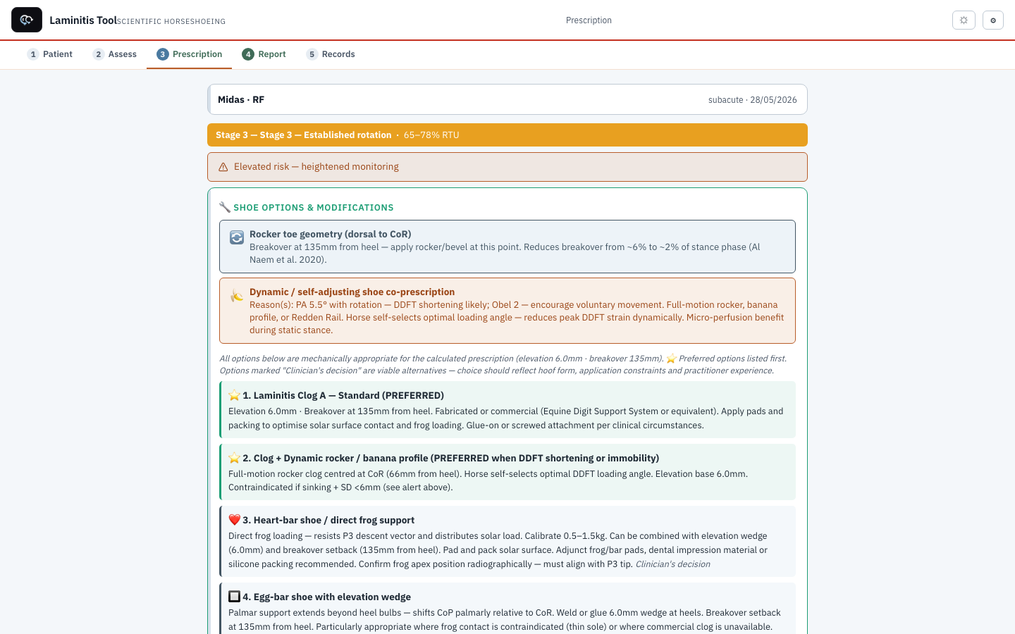 Prescription tab — live F9 farriery output